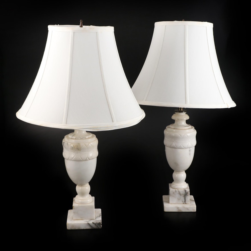 Pair of Carved Alabaster Table Lamps, Mid-20th Century