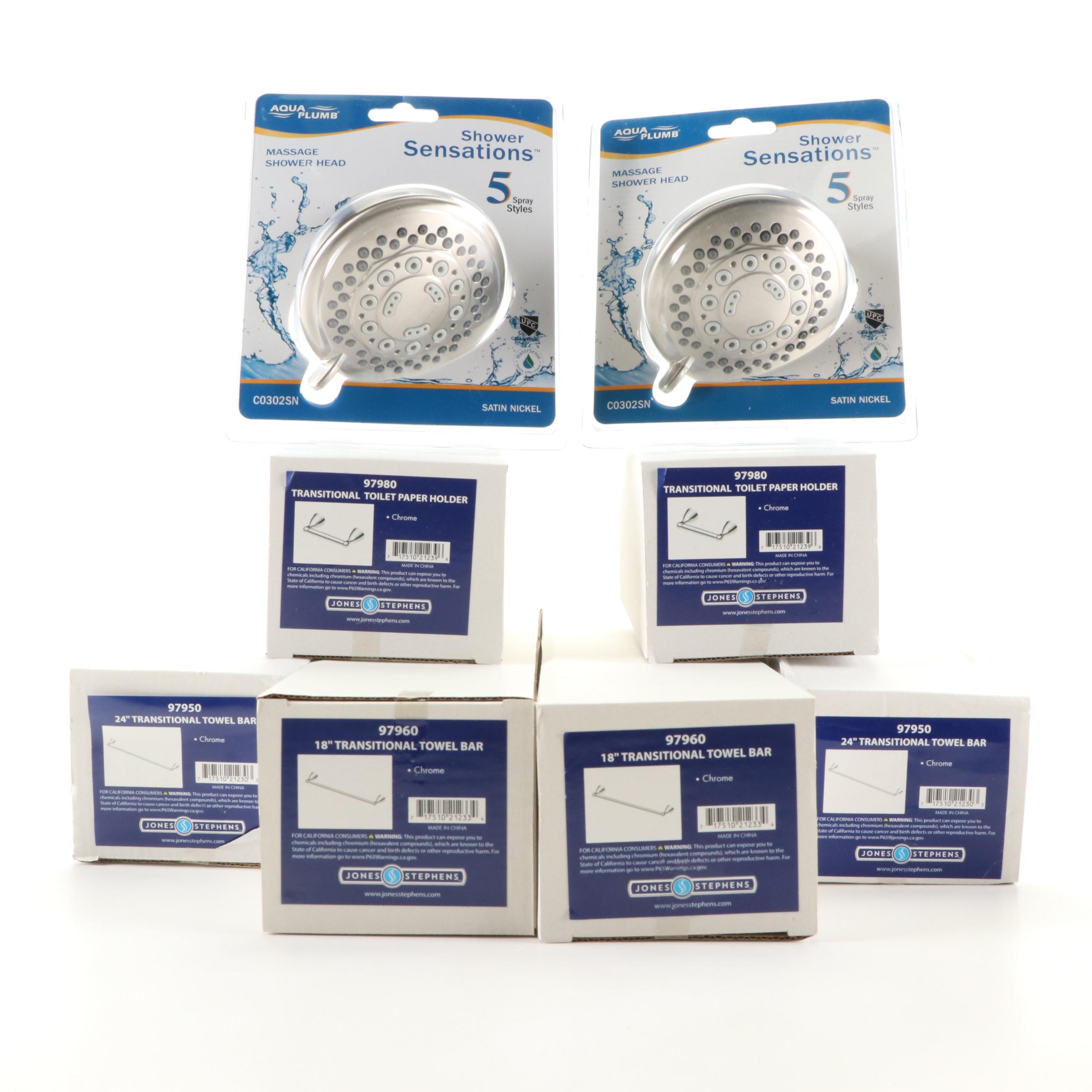 Satin Nickel Massage Showerheads, Chrome Towel Bars and Toilet Paper Holders