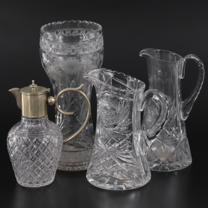 Cut Crystal and Silver Plate Claret Jug with Cut Glass Pitchers and Corset Vase