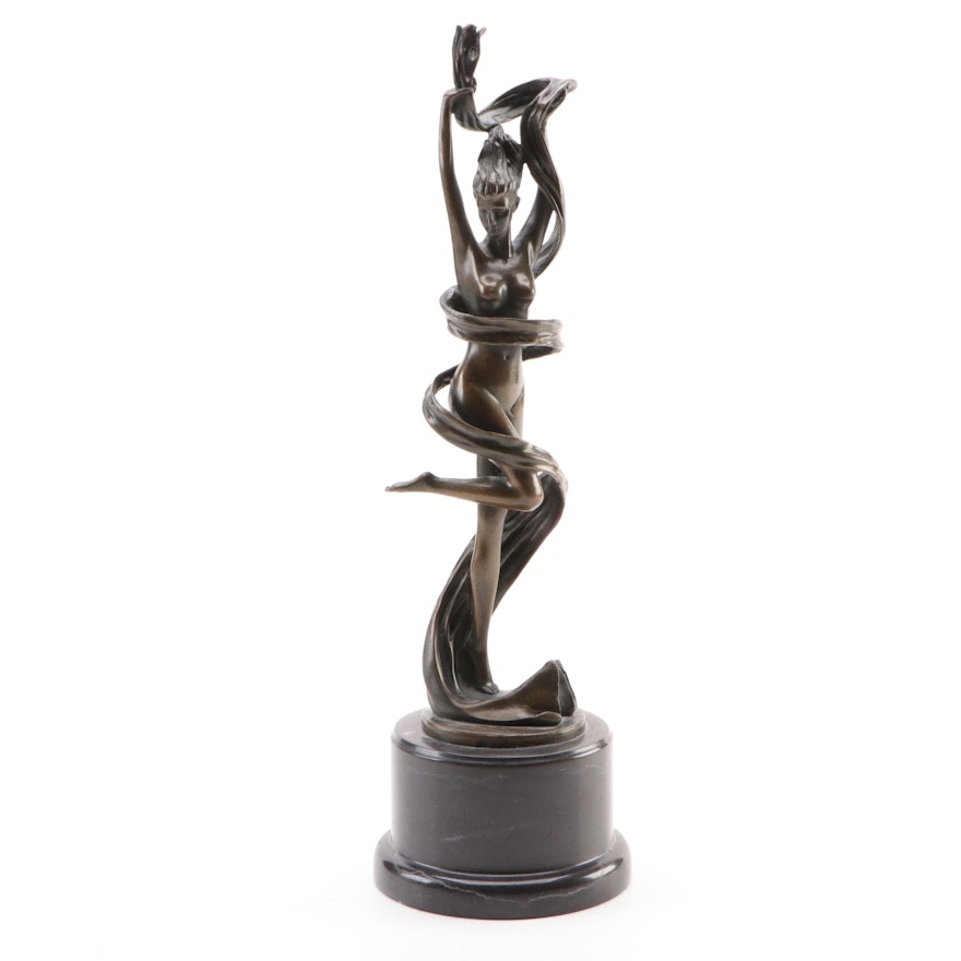 Signed Bronze and Marble Sculpture of Woman Dancing