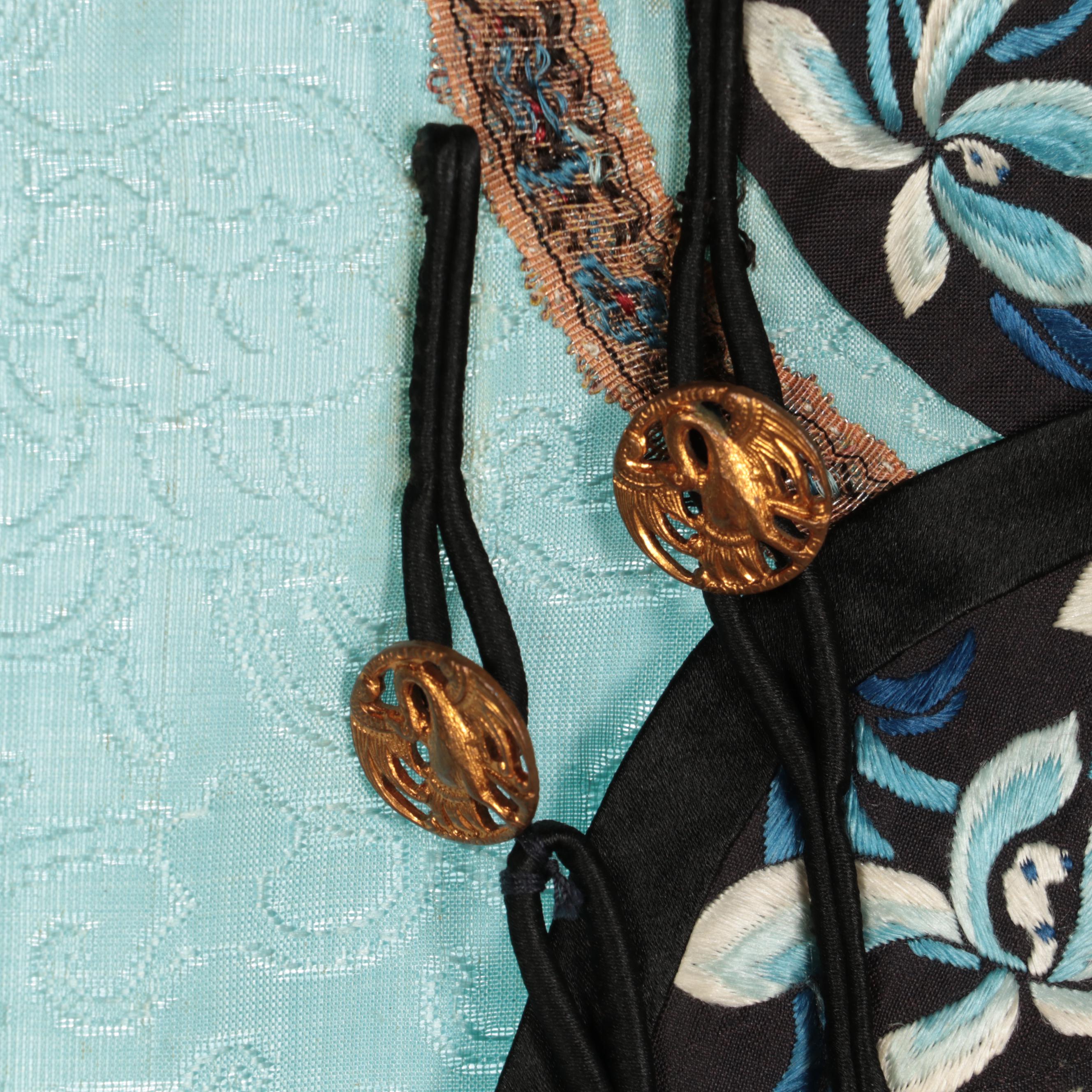 Chinese Silk Robe with Hand-Embroidered and Ribbon Trim, Qing Dynasty Period