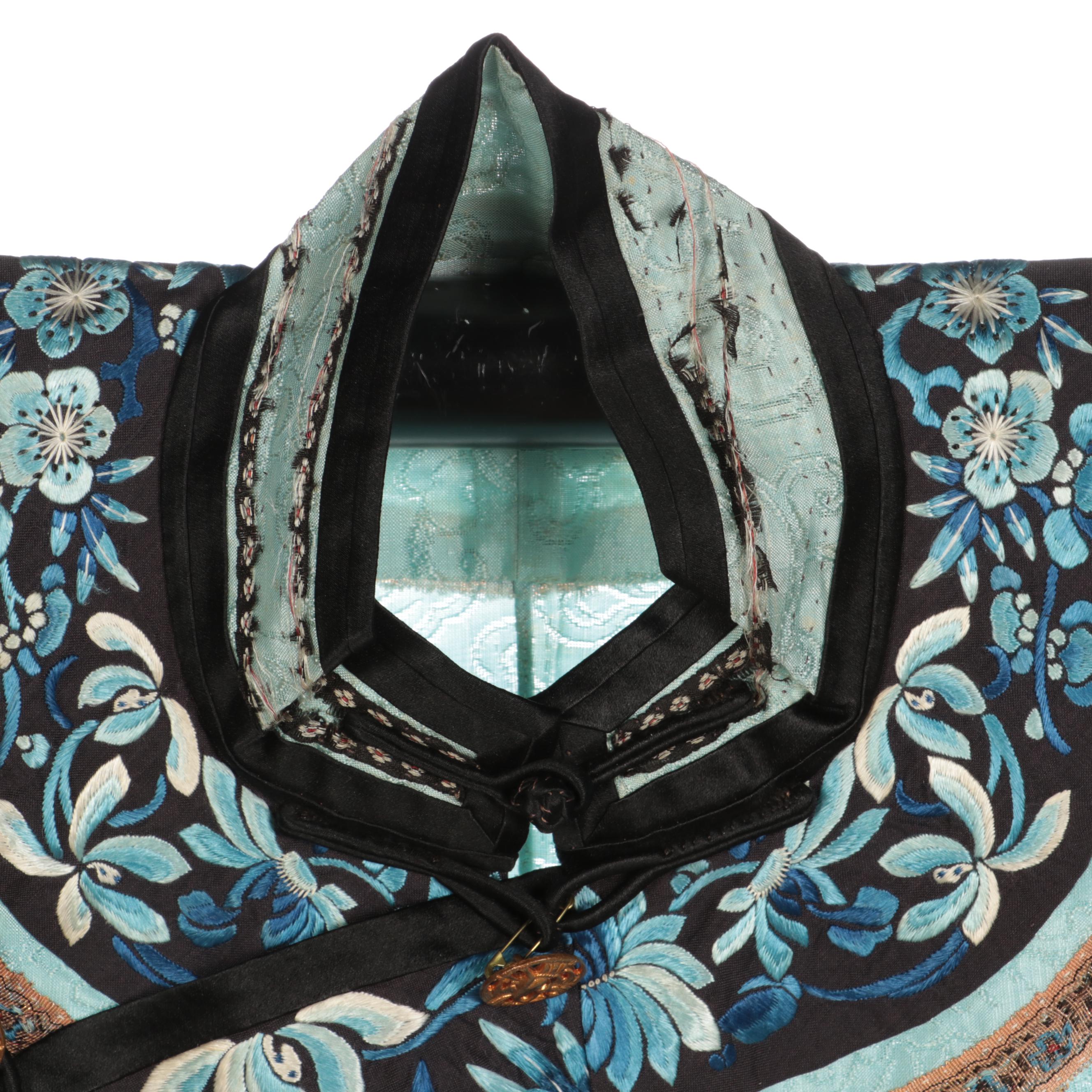 Chinese Silk Robe with Hand-Embroidered and Ribbon Trim, Qing Dynasty Period