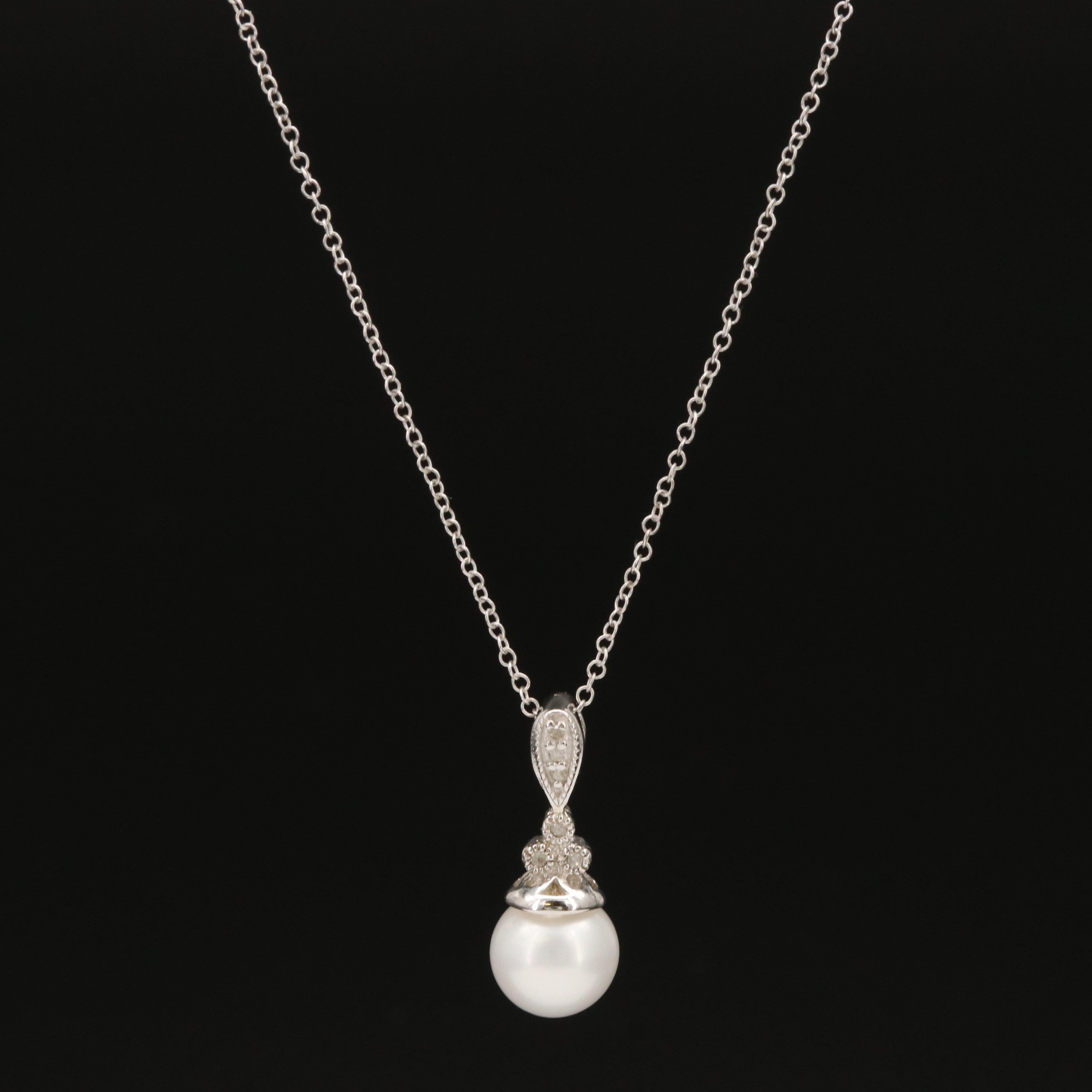 Sterling Pearl and Diamond Pendant Necklace