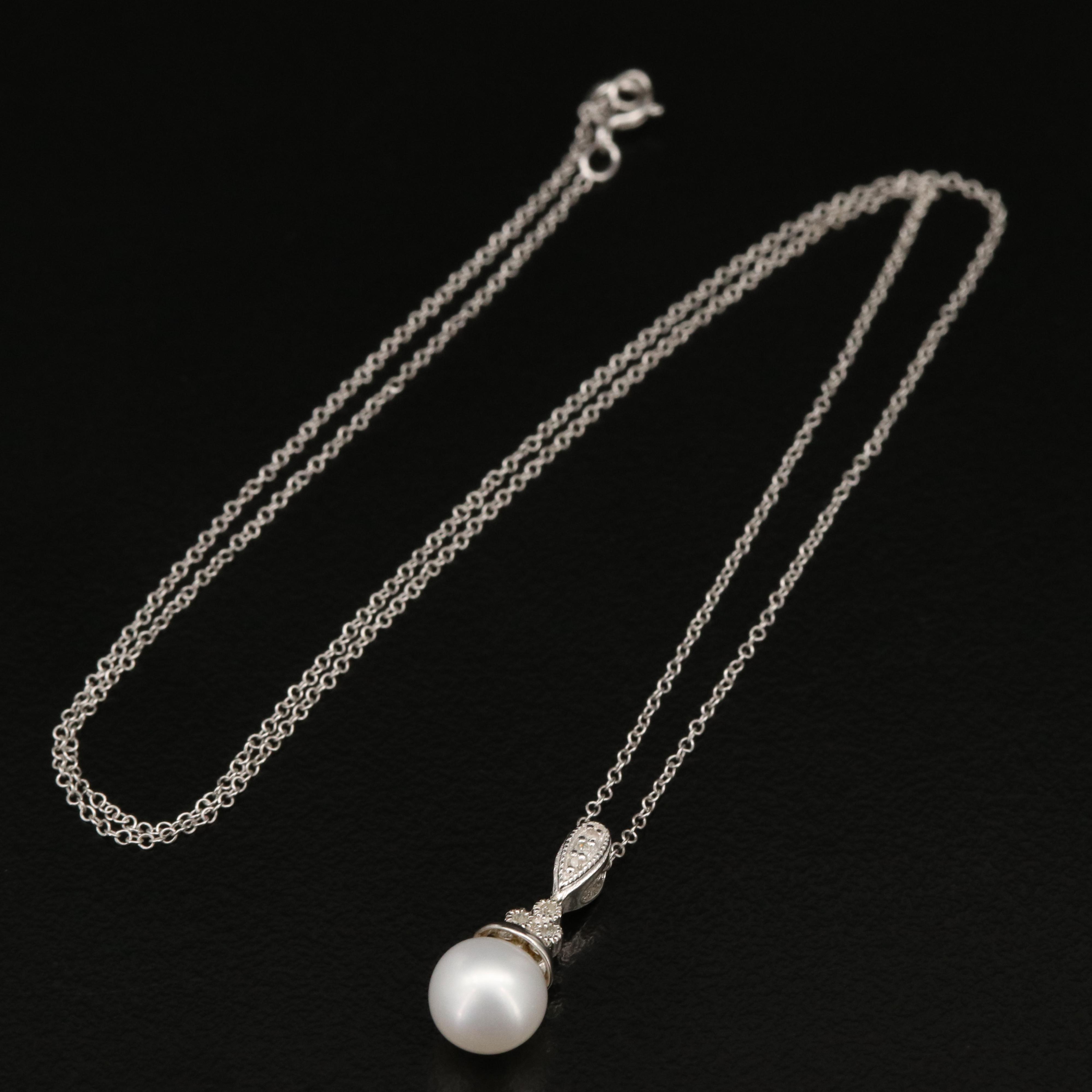 Sterling Pearl and Diamond Pendant Necklace