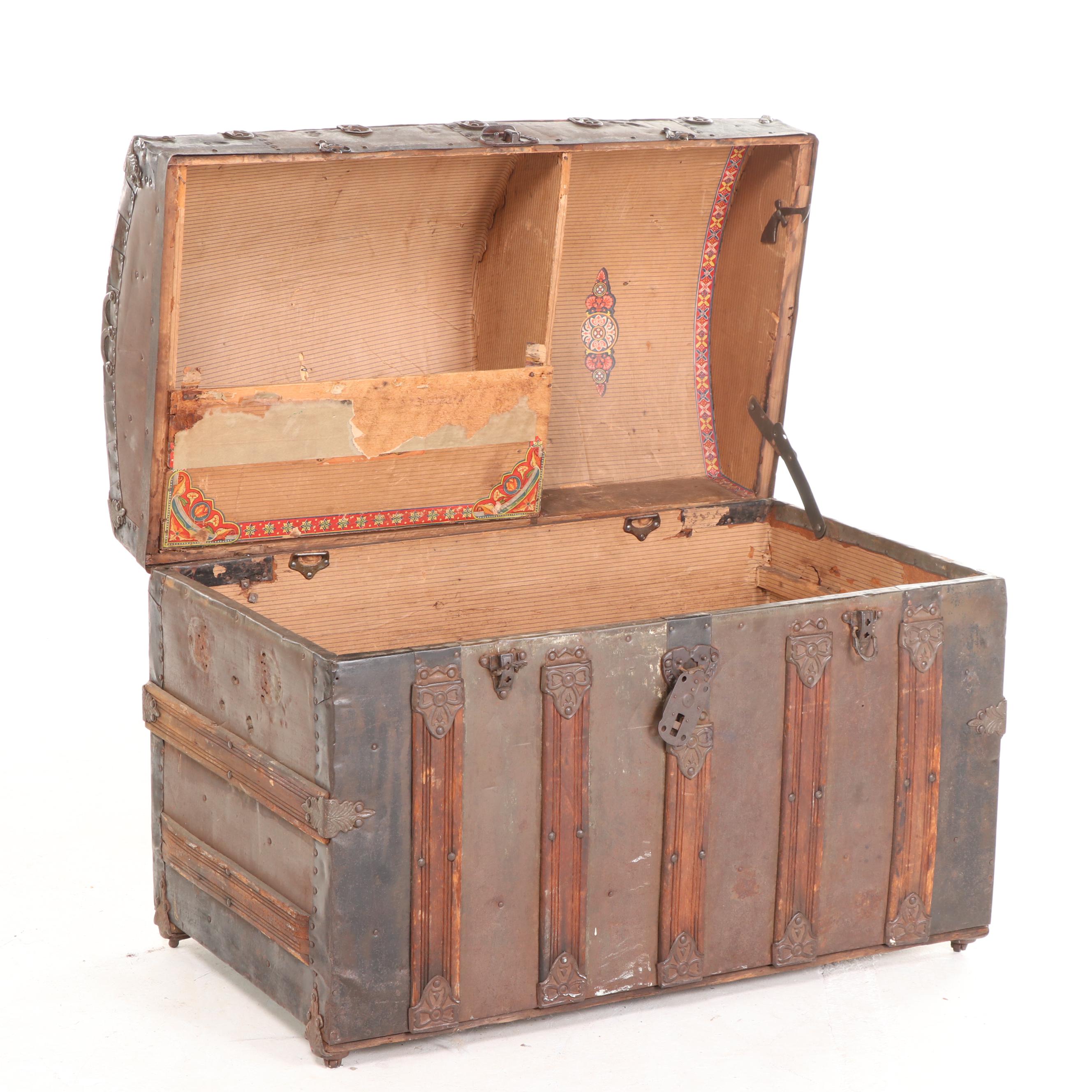 Late Victorian Slatted Wood and Metal-Clad Dome-Top Steamer Trunk