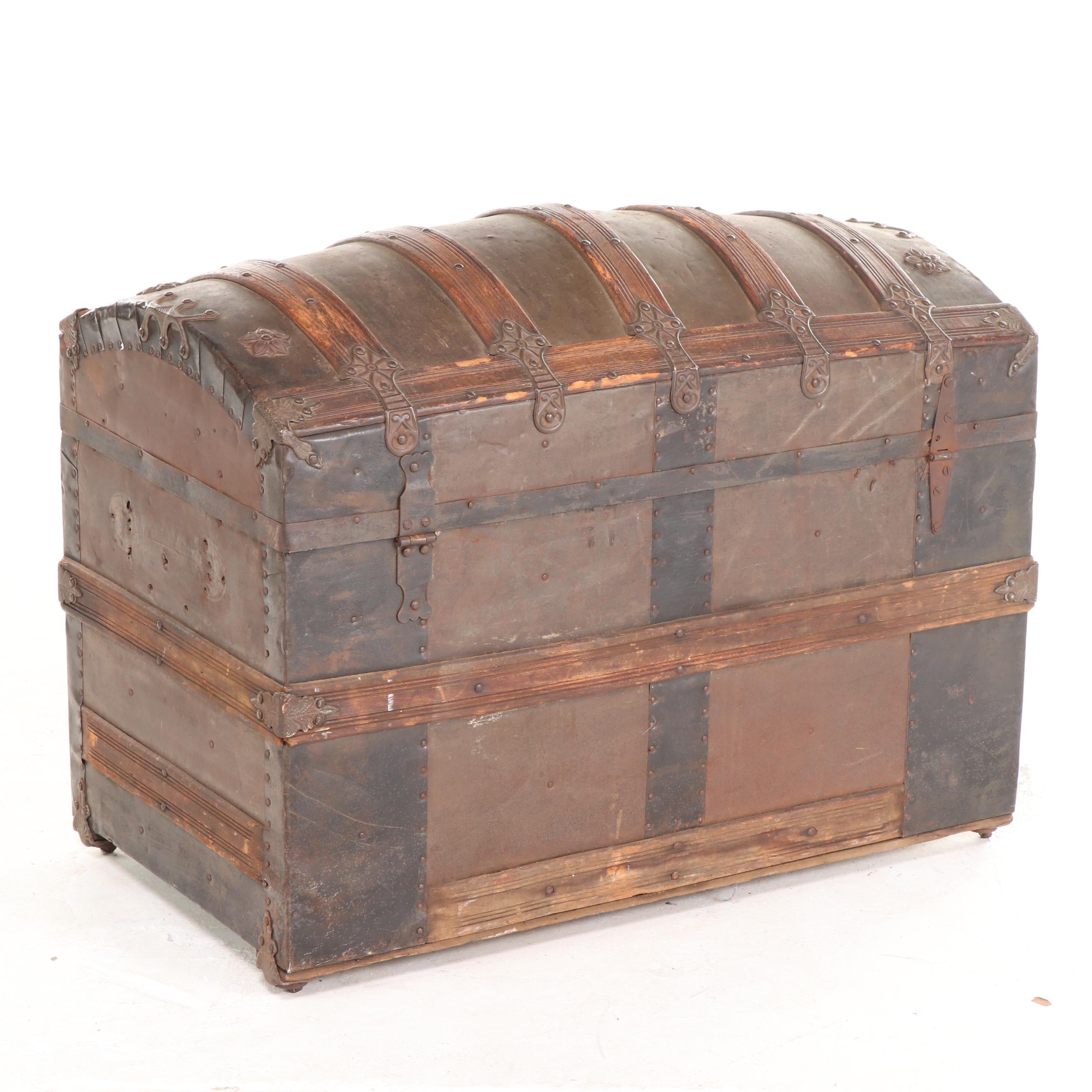 Late Victorian Slatted Wood and Metal-Clad Dome-Top Steamer Trunk