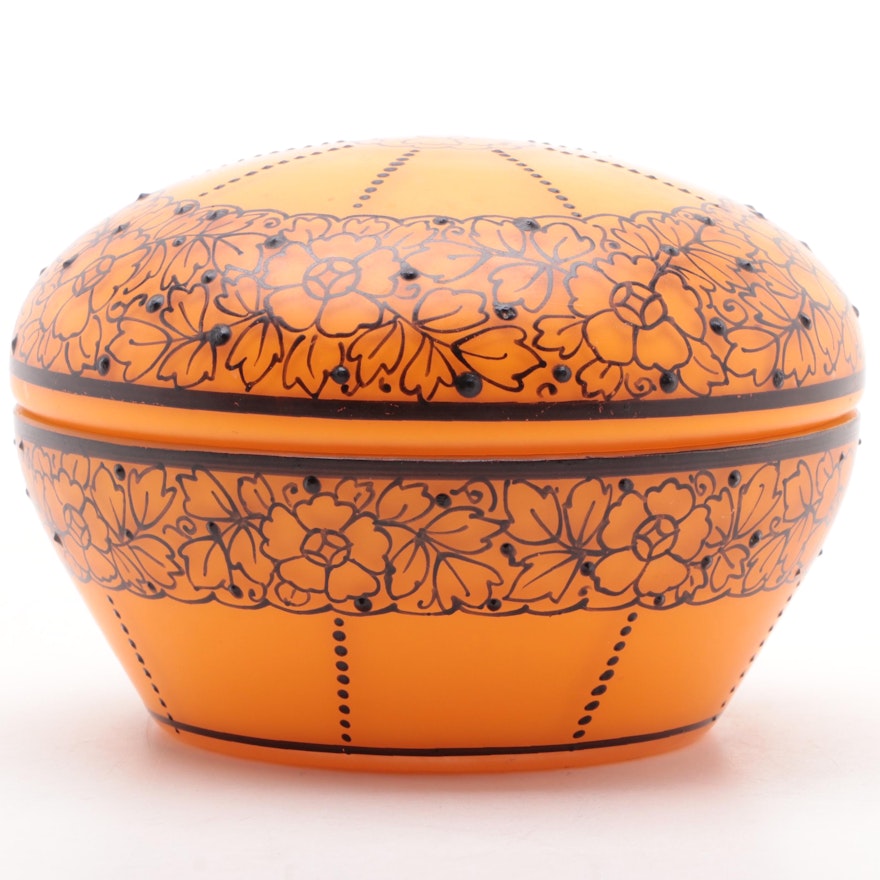 Bohemian Loetz Style Orange Tango with Black Enamel Art Glass Dresser Box