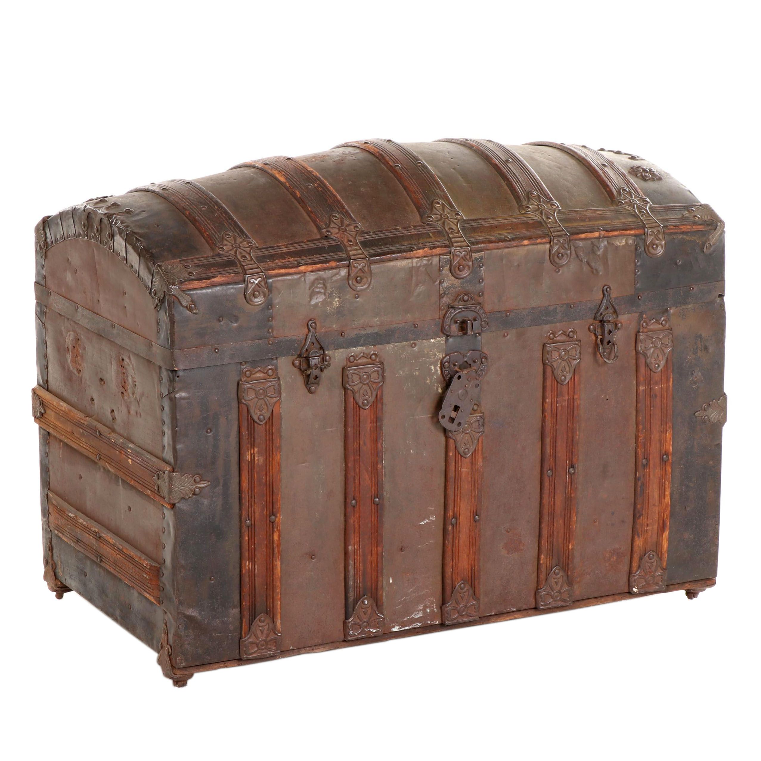 Late Victorian Slatted Wood and Metal-Clad Dome-Top Steamer Trunk