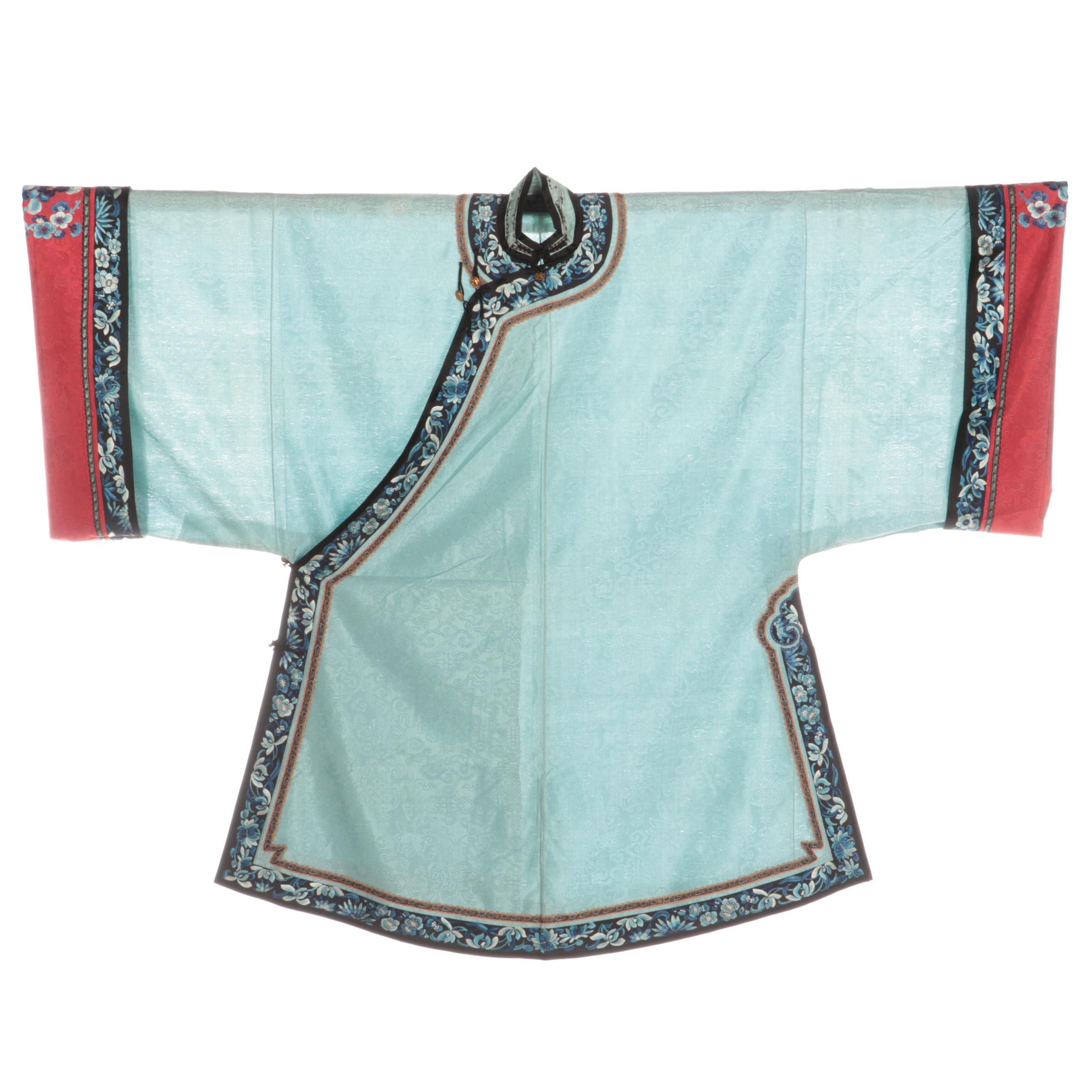 Chinese Silk Robe with Hand-Embroidered and Ribbon Trim, Qing Dynasty Period