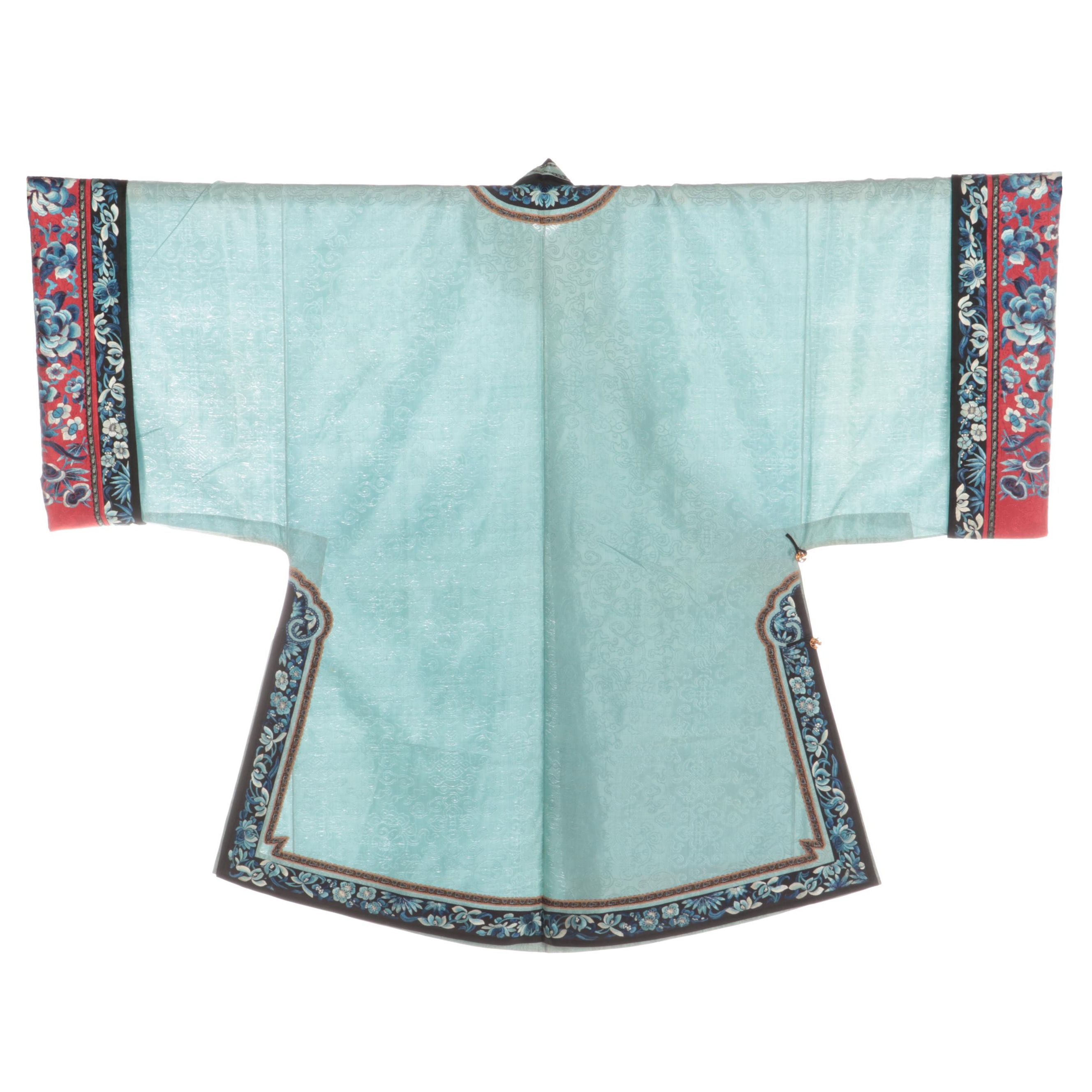 Chinese Silk Robe with Hand-Embroidered and Ribbon Trim, Qing Dynasty Period