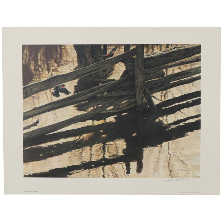 Robert Bateman Offset Lithograph "Red-Winged Blackbird and Rail Fence," 1981