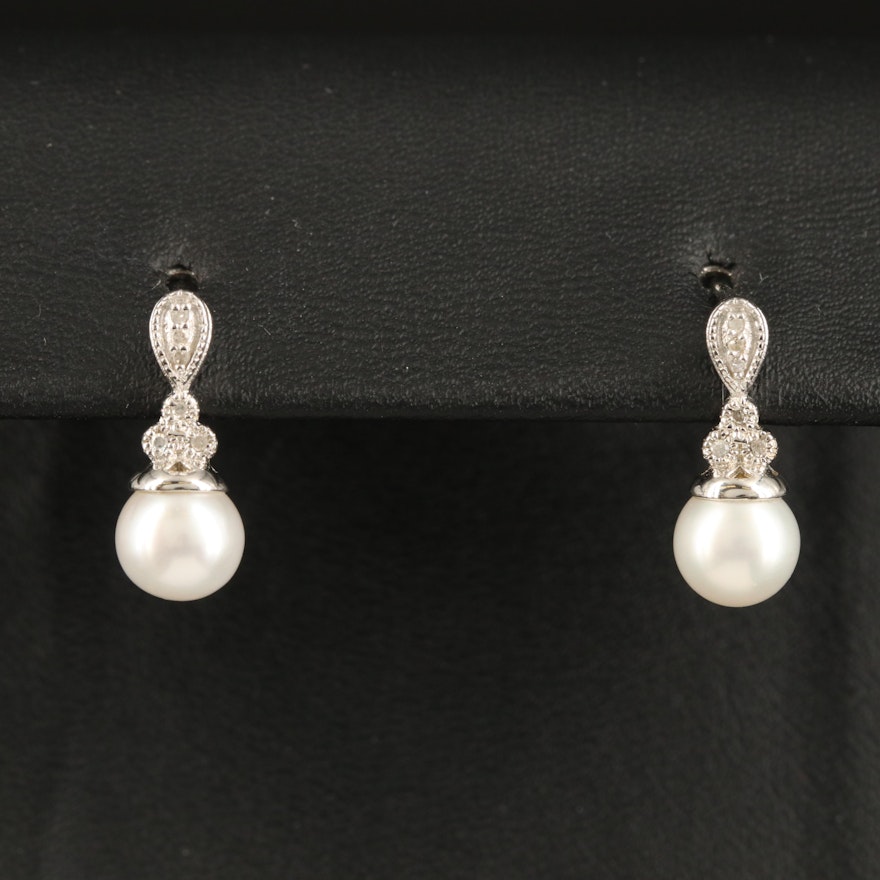 Sterling Pearl and Diamond Drop Earrings