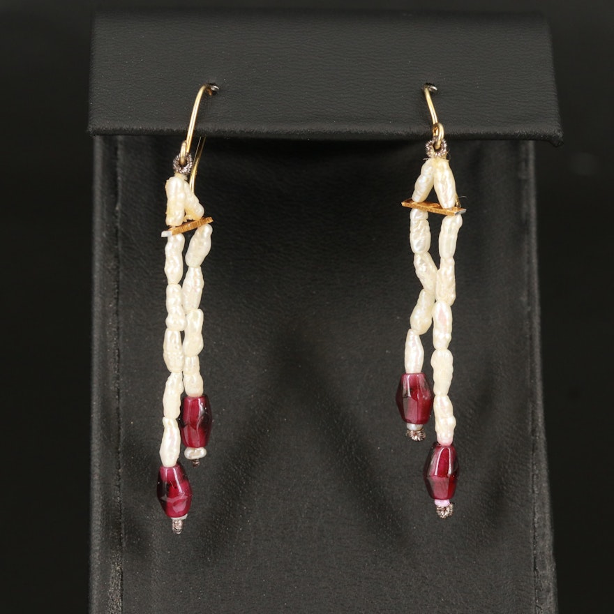 Rhodolite Garnet and Pearl Drop Earrings