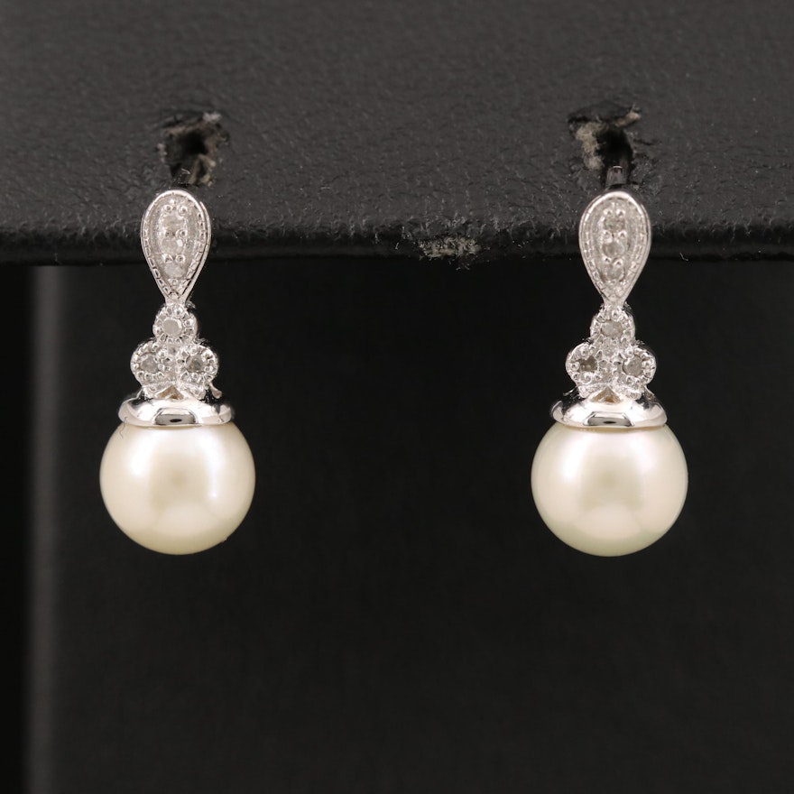 Sterling Diamond and Pearl Drop Earrings