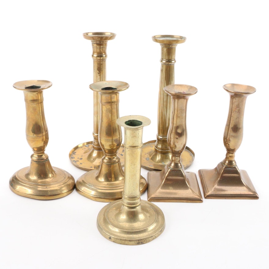 Patinated Brass Pillar Candlesticks