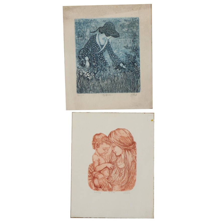Mary Vickers Etchings "The Locket" and "My Garden," Late 20th Century