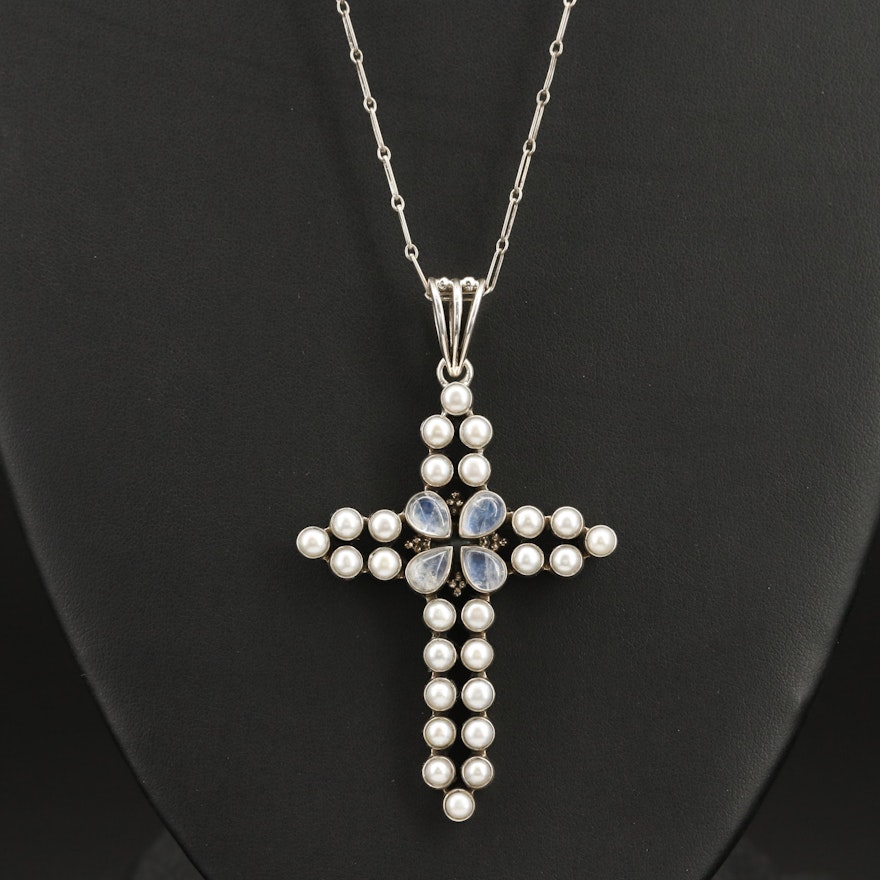 Sterling Rainbow Moonstone and Pearl Cross Pendant Necklace