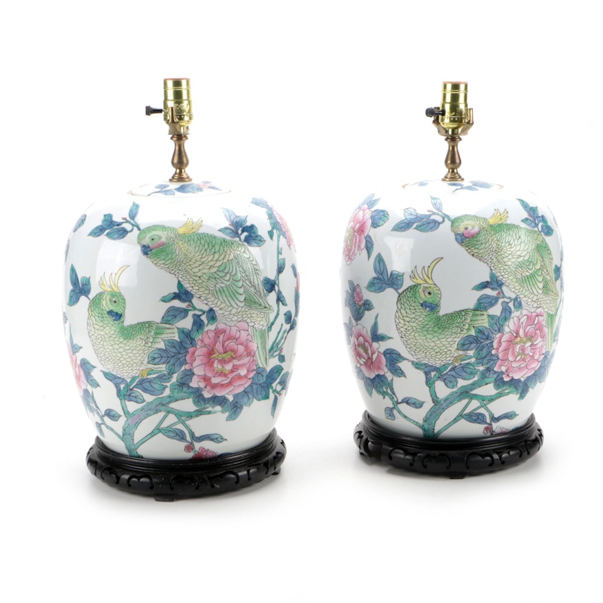Chinese Crested Cockatoo Motif Porcelain Melon Jar Table Lamps