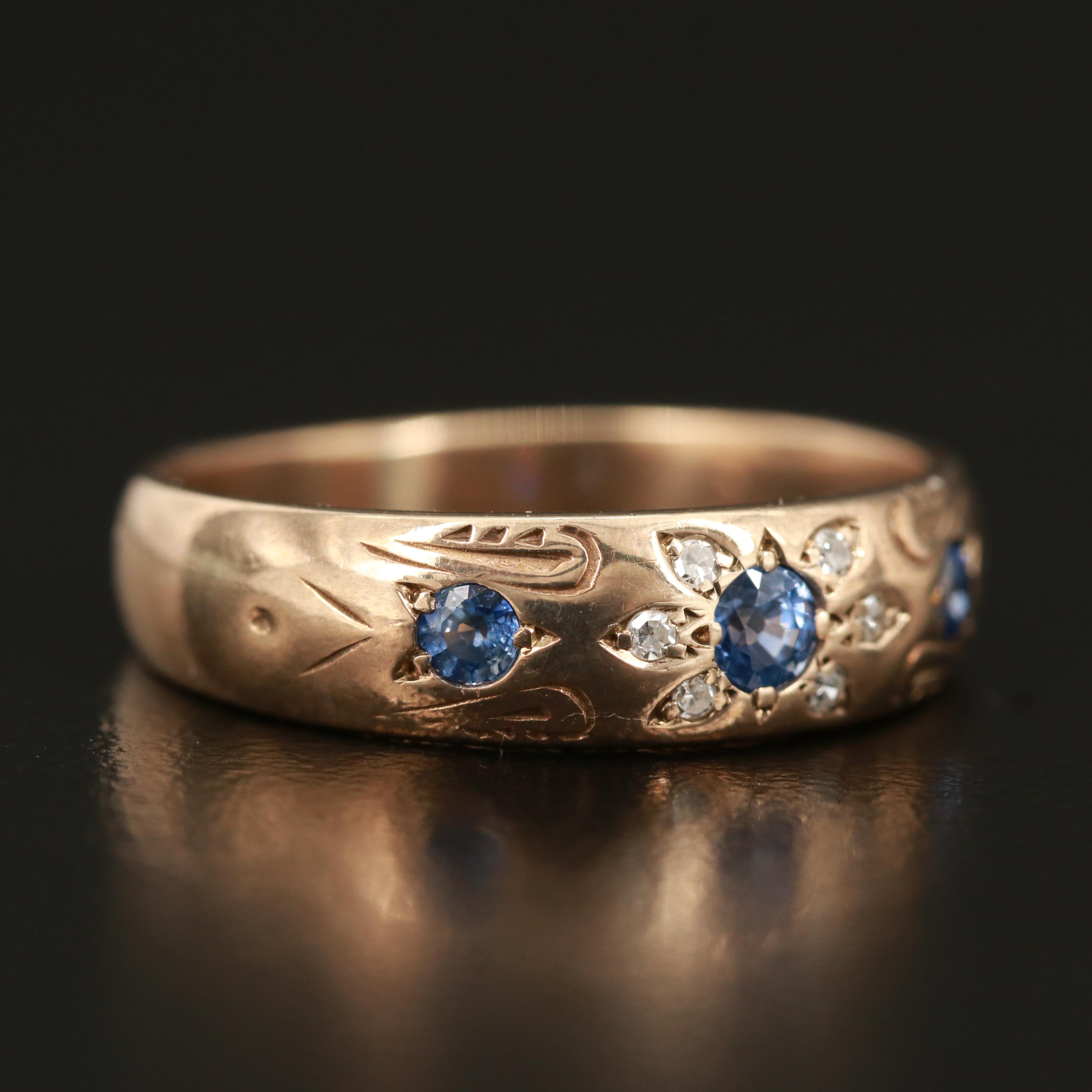 Victorian Sapphire and Diamond Band with Floral Details