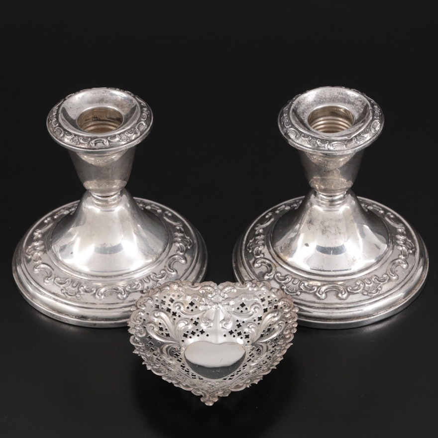 Gorham Sterling Silver Heart Dish and Weighted Candlesticks, Early to Mid 20th C