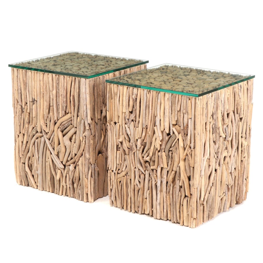 Pair of Arhaus Natural Twig End Tables with Glass Tops