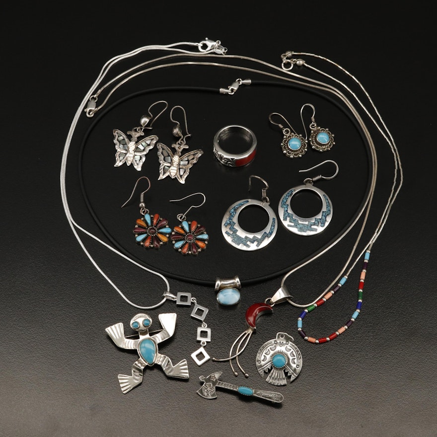 Southwestern Style Sterling Jewelry Selection Including Turquoise and Larimar