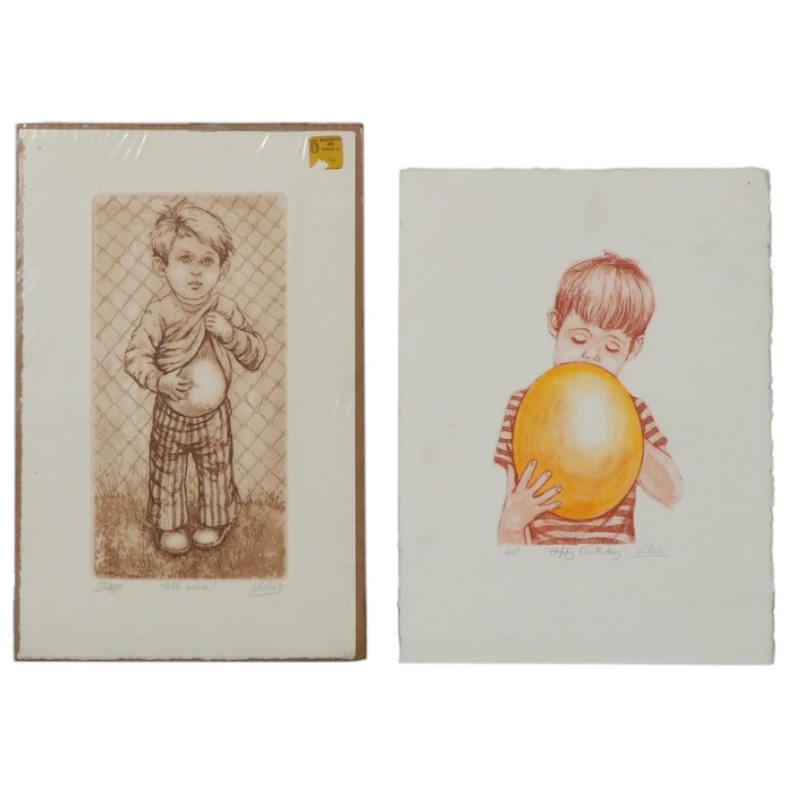 Mary Vickers Etchings of Children, Late 20th Century