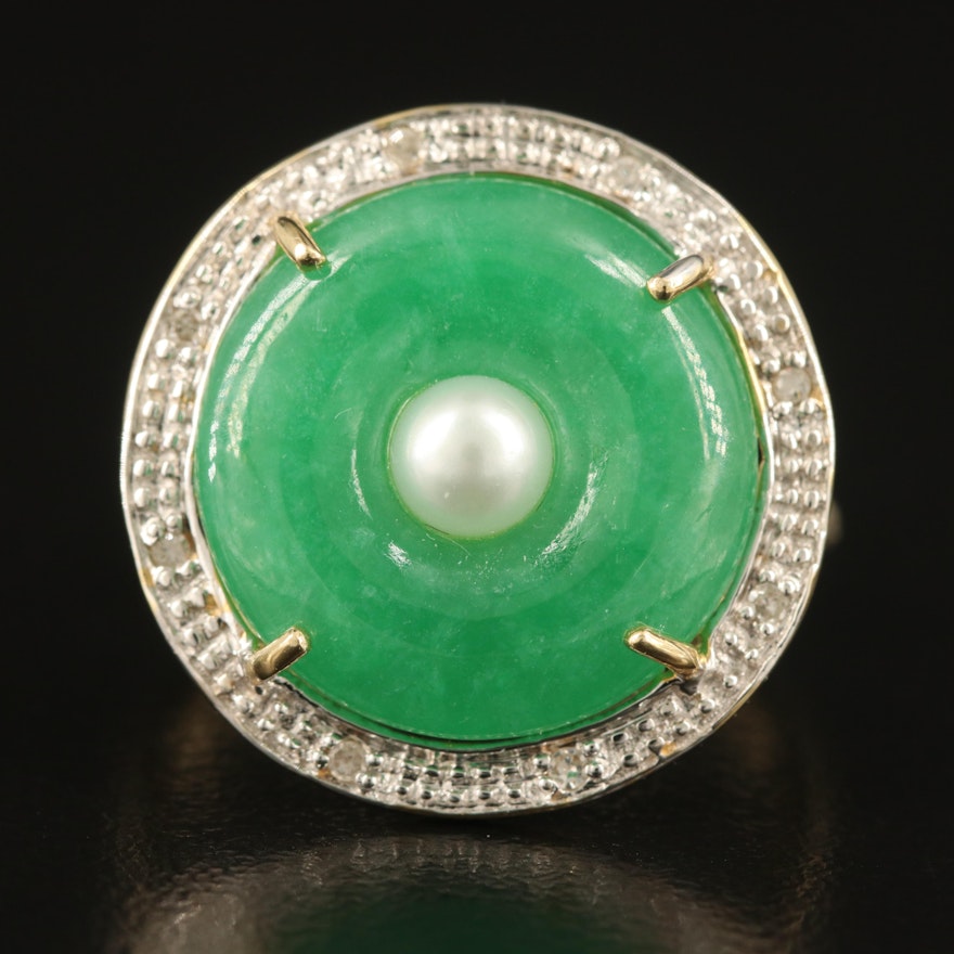 14K Pearl, Jadeite Bi and Diamond Ring