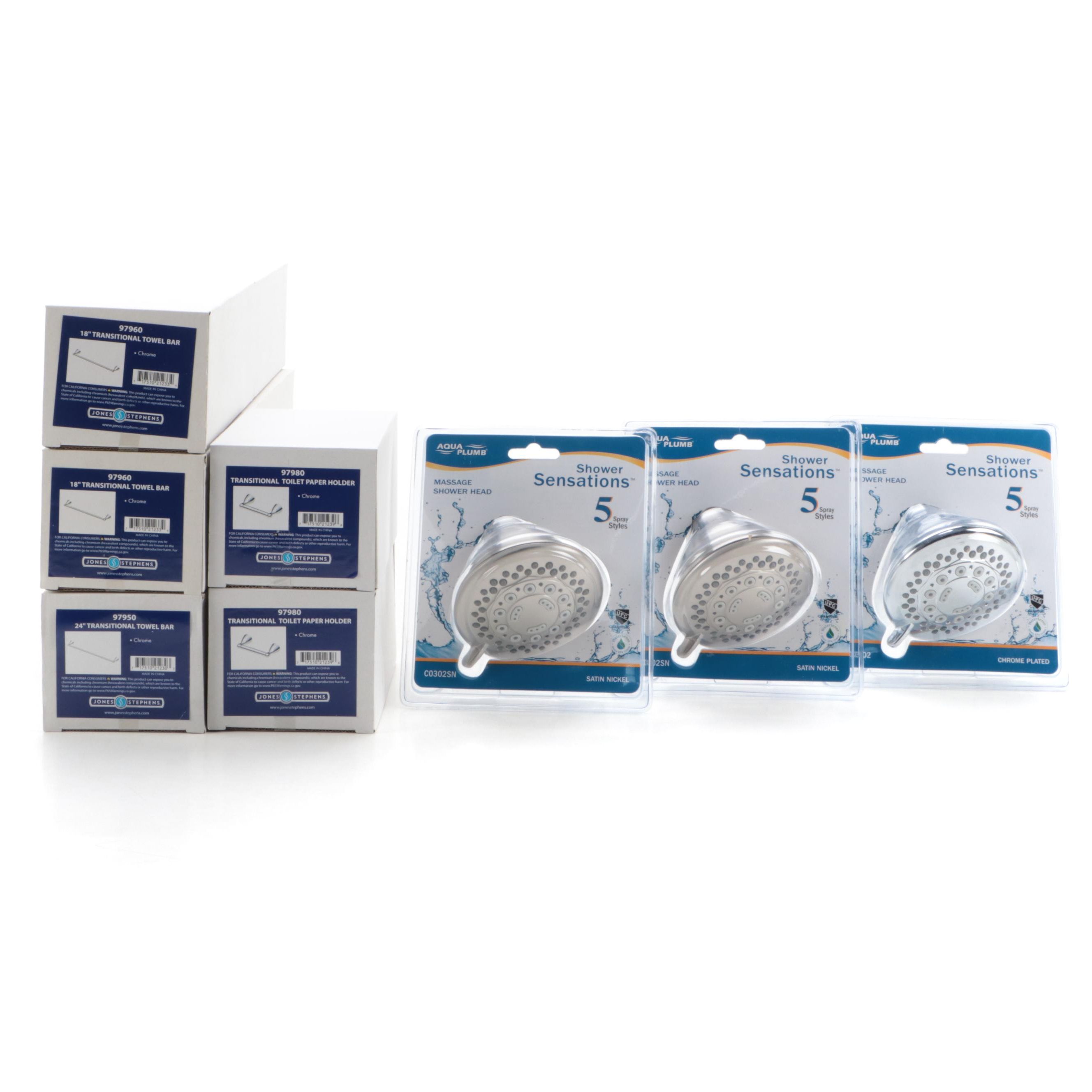 Chrome Towel Bars and Toilet Paper Holders with Massage Showerheads