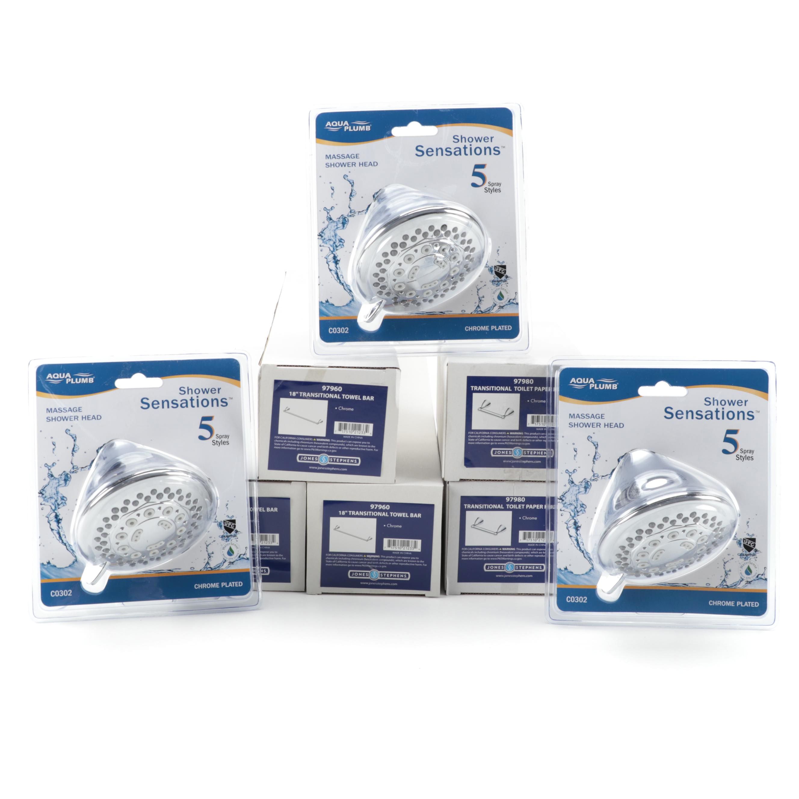 Chrome Towel Bars, Massage Showerheads and Toilet Paper Holders