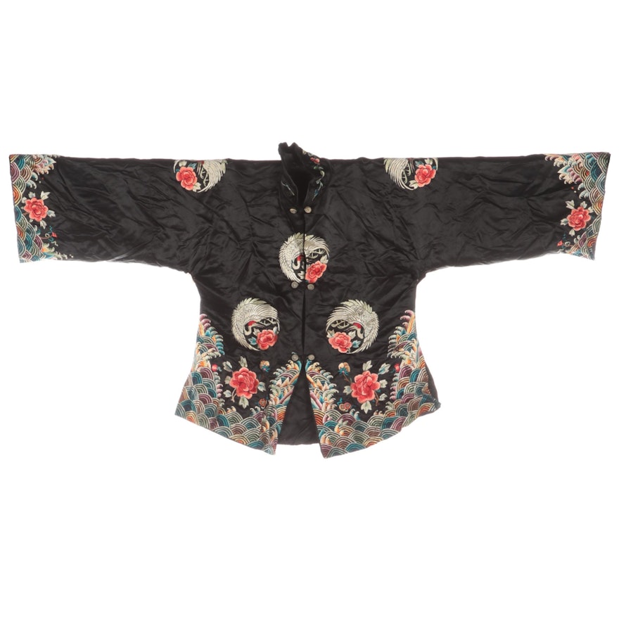 Chinese Crane, Peony and Lishui Wave Embroidered  Black Satin Jacket