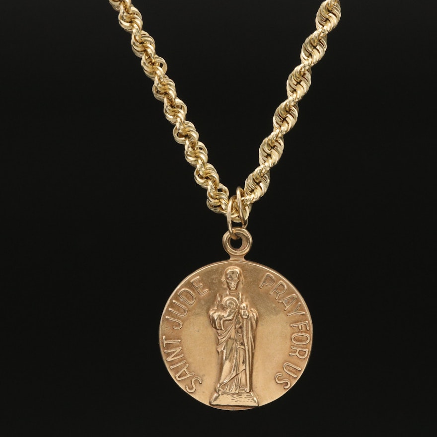 14K St. Jude Medal on 10K Rope Chain Necklace