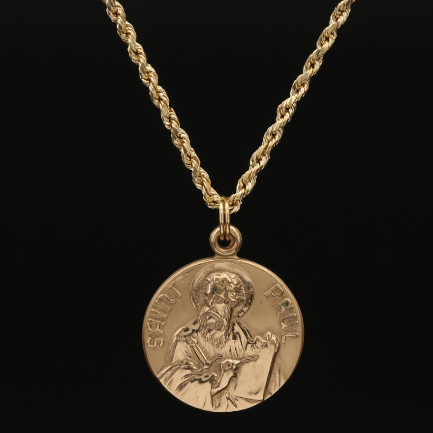 14K St. Paul Medal on 10K Rope Chain Necklace