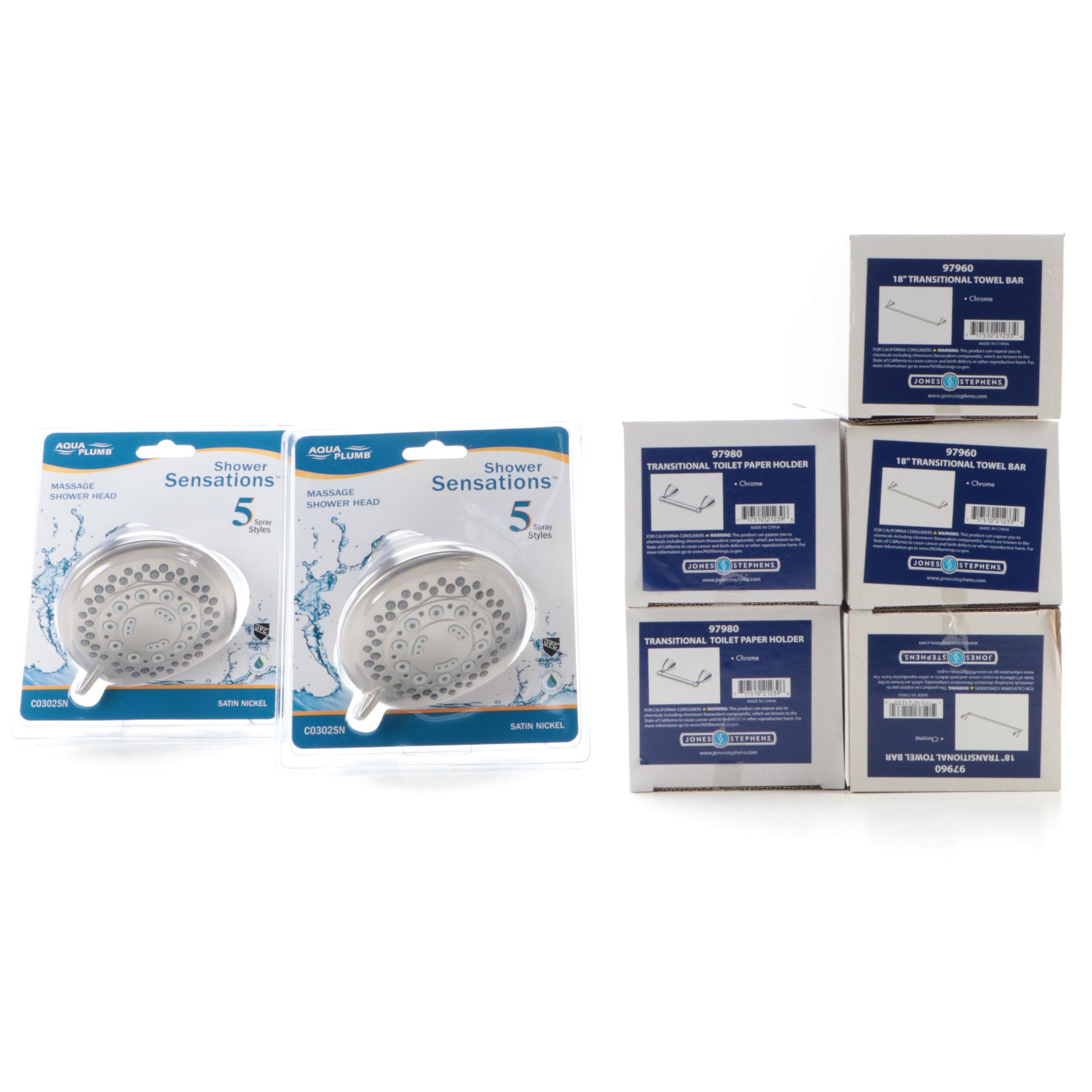 Chrome Towel Bars, Massage Showerheads, Toilet Paper Holders