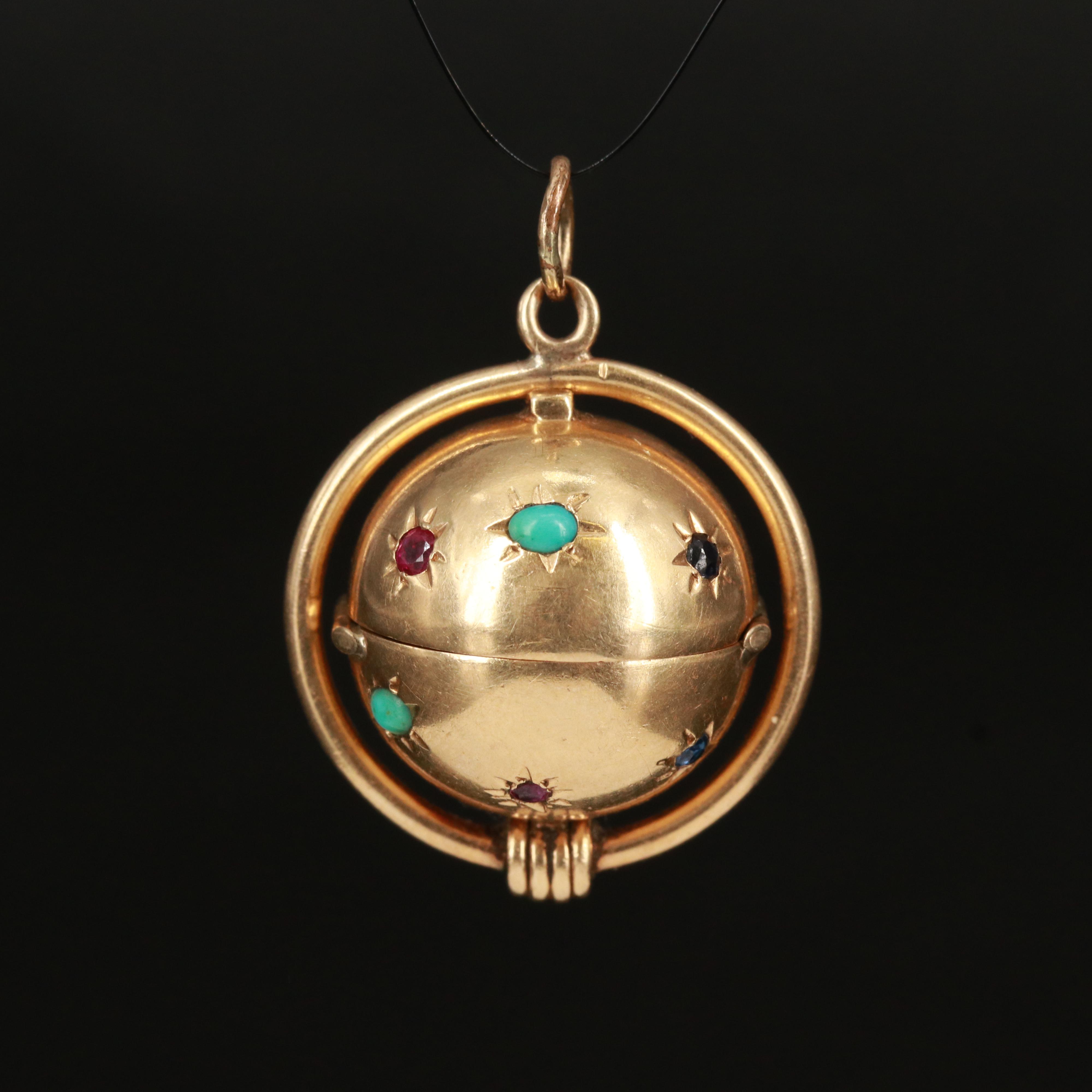 Vintage Jost 14K Photo Locket Orb Including Ruby, Sapphire and Diamond