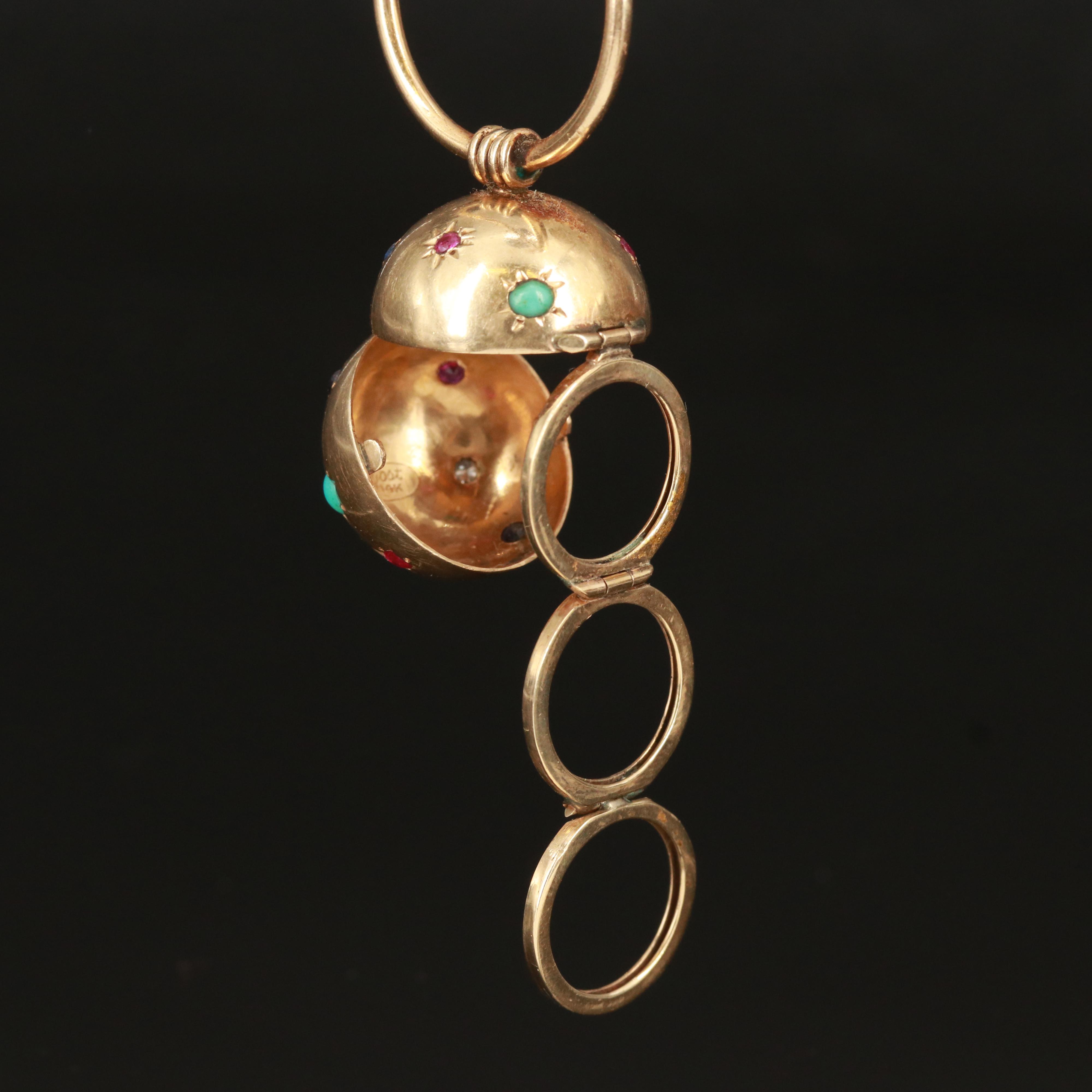 Vintage Jost 14K Photo Locket Orb Including Ruby, Sapphire and Diamond