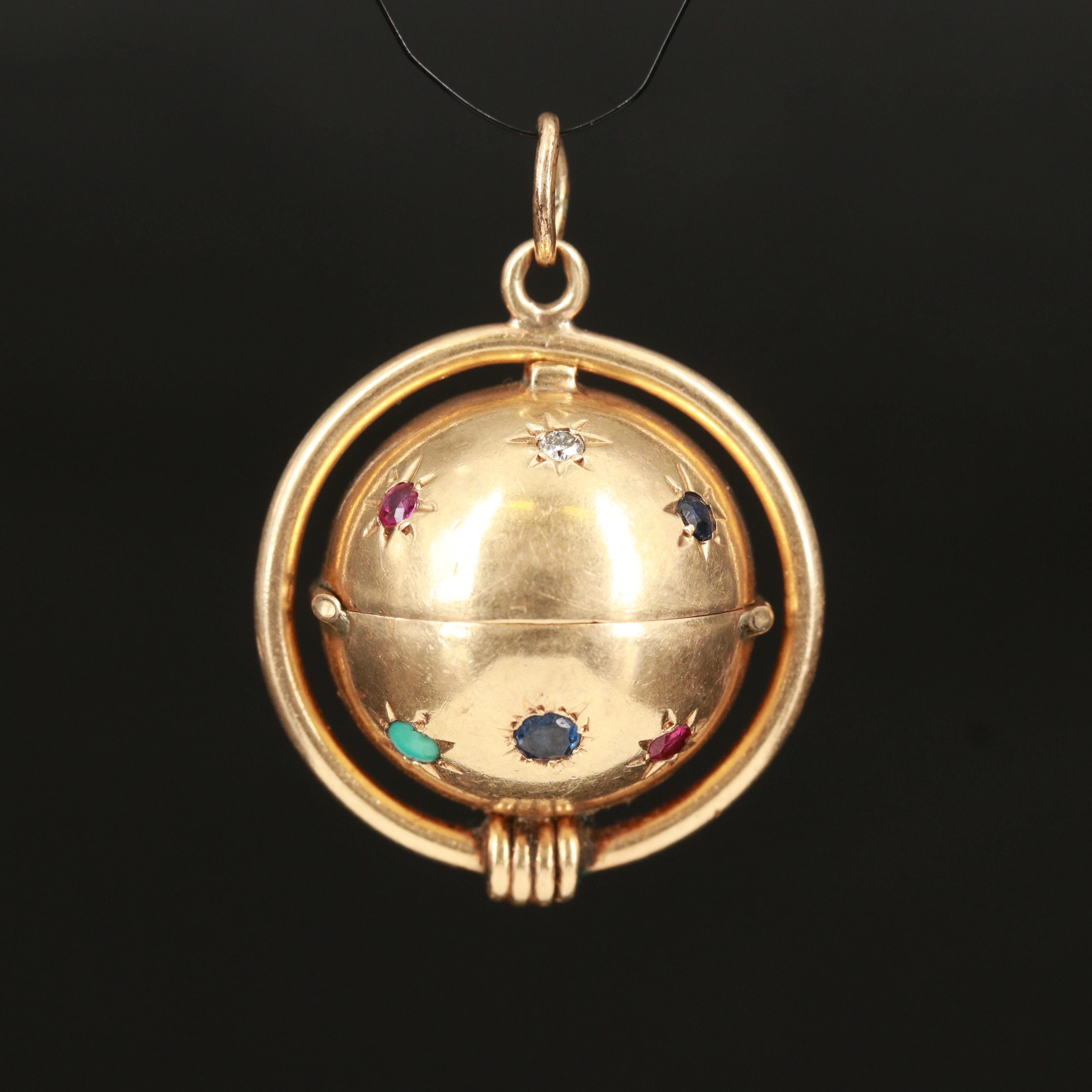 Vintage Jost 14K Photo Locket Orb Including Ruby, Sapphire and Diamond