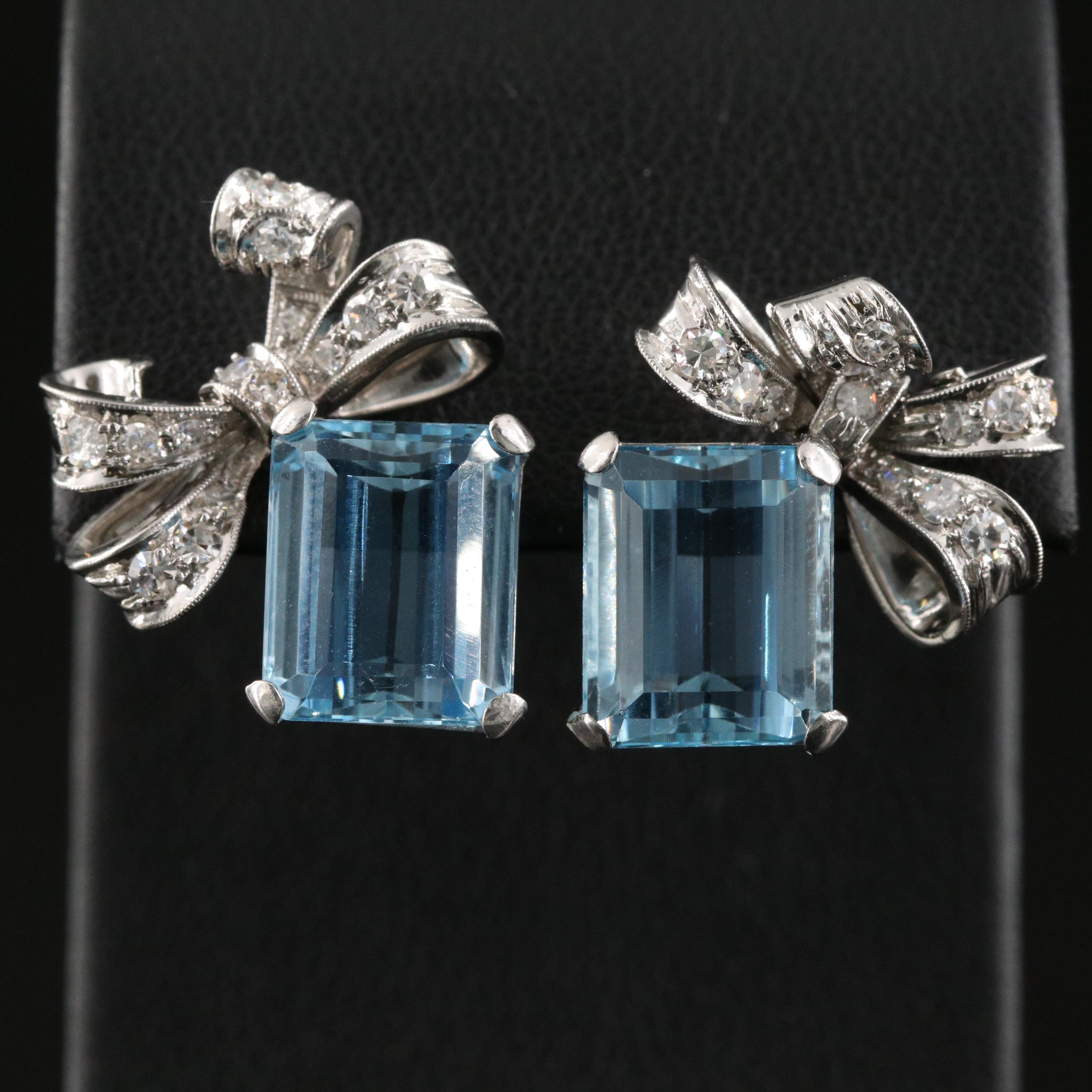 Retro Platinum 8.80 CTW Aquamarine and Diamond Ribbon Earrings
