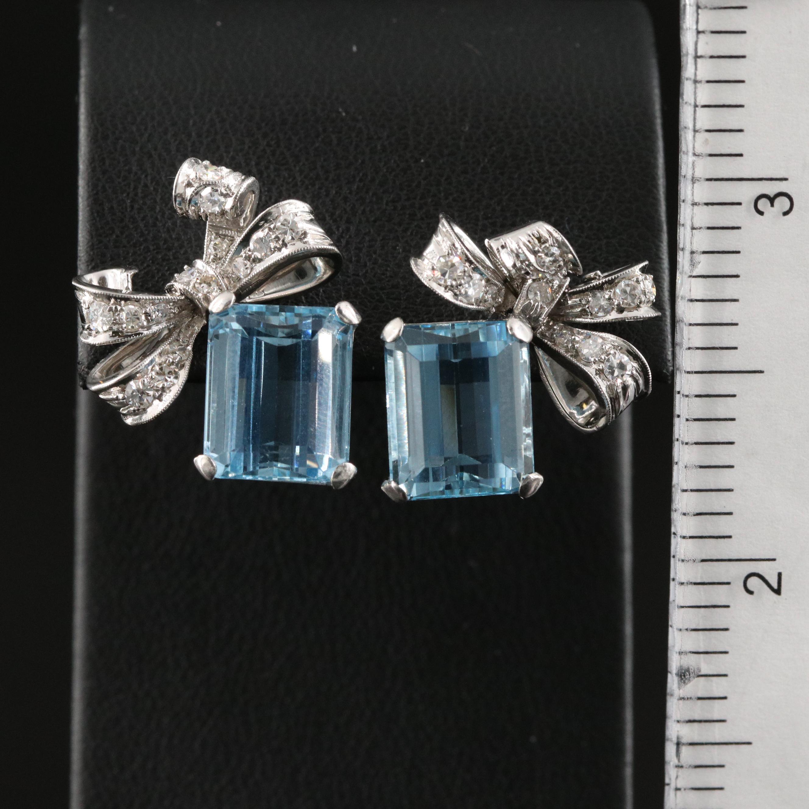 Retro Platinum 8.80 CTW Aquamarine and Diamond Ribbon Earrings