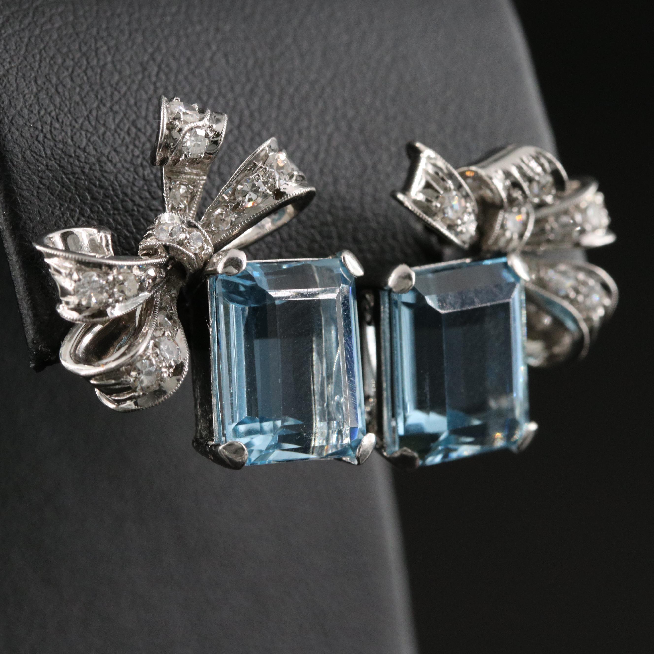 Retro Platinum 8.80 CTW Aquamarine and Diamond Ribbon Earrings