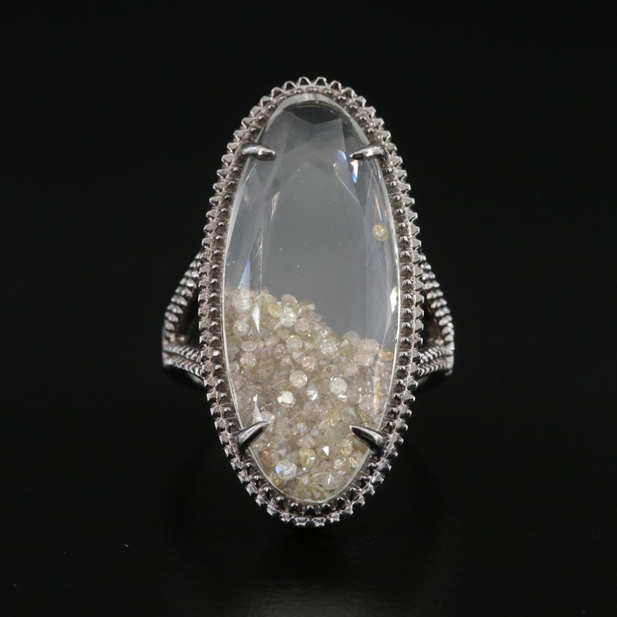 Sterling Diamonds Under Quartz Pointer Ring