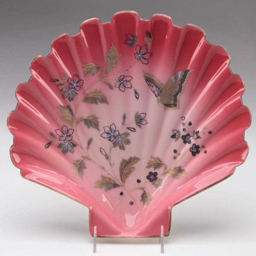 Bohemian Gilt and Enameled Peachblow Glass Shell-Shaped Dish, Early 20th C.