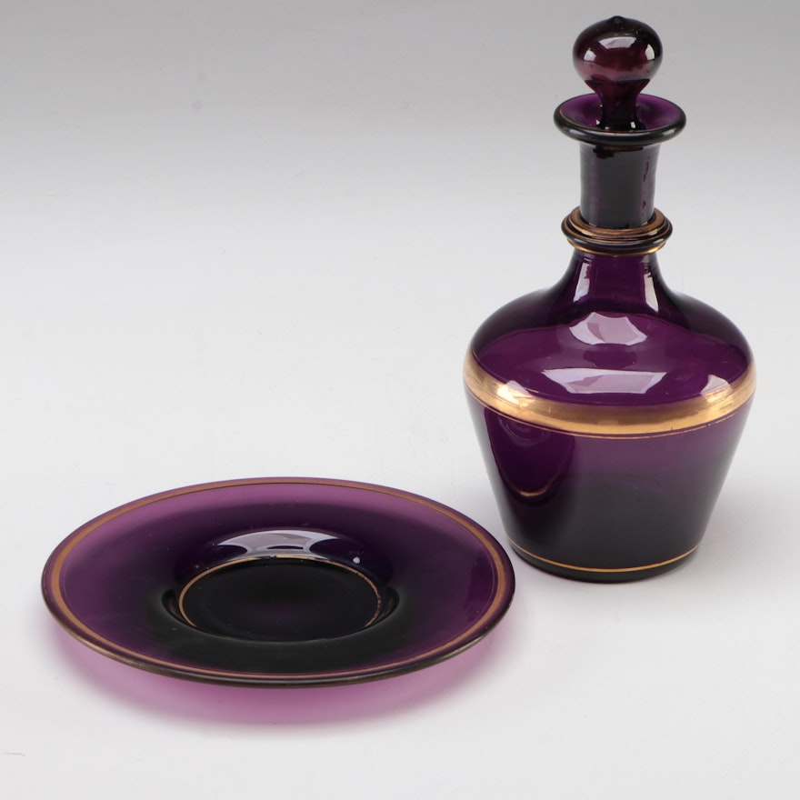 Moser Gilt Accented Amethyst Glass Decanter and Underplate