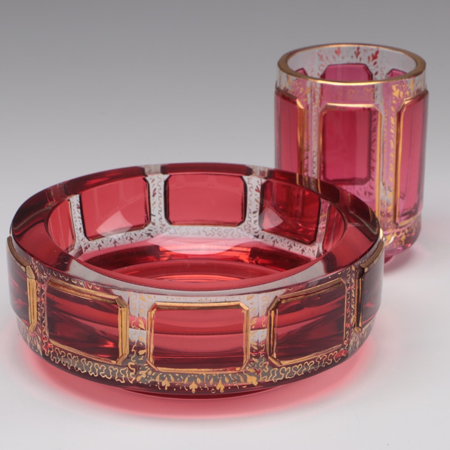 Moser Gilt Accented Cranberry Cut to Clear Glass Ashtray and Cigarette Vase