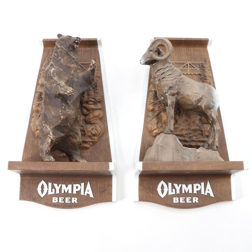 Olympia Beer Ram and Bear Plastic Tavern Advertising Wall Sign