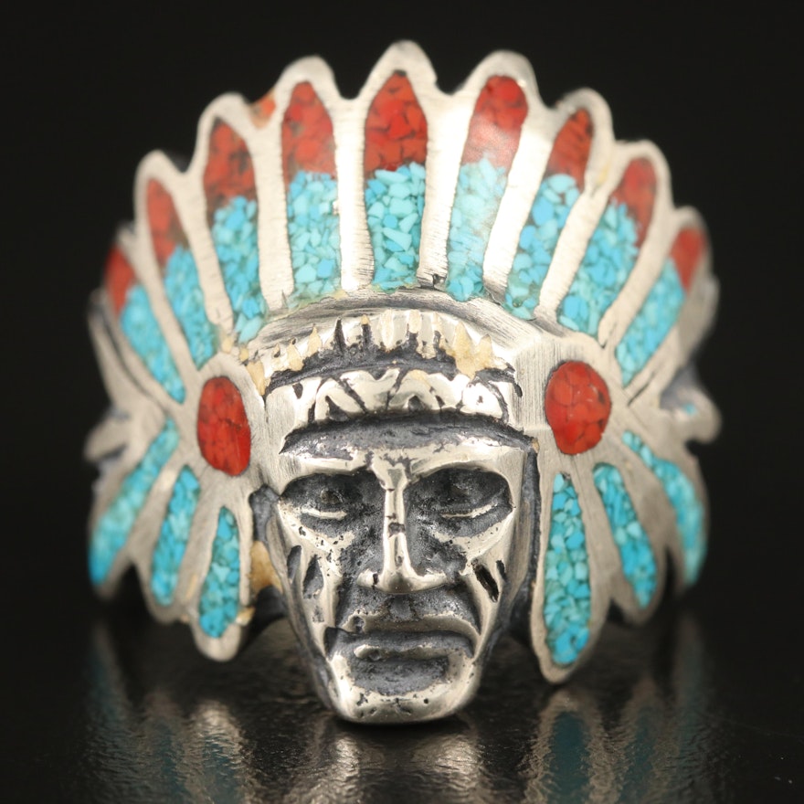 Sterling Turquoise and Coral Inlay Warrior with War Bonnet Ring