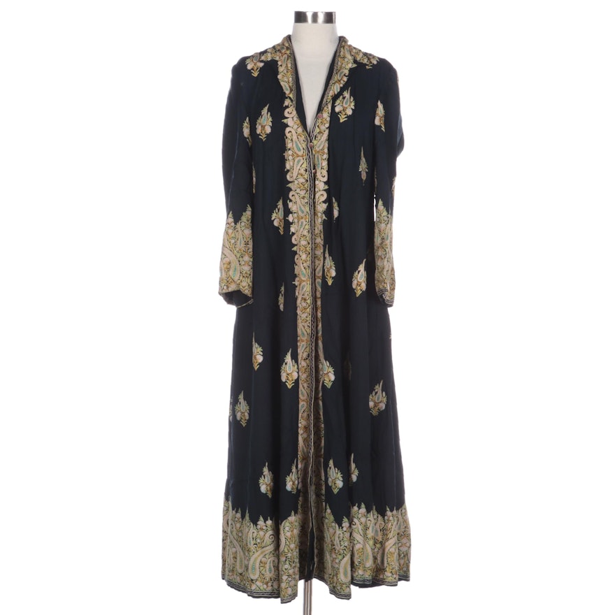 Kashmiri Aari Embroidered Black Wool Full-Length Coat