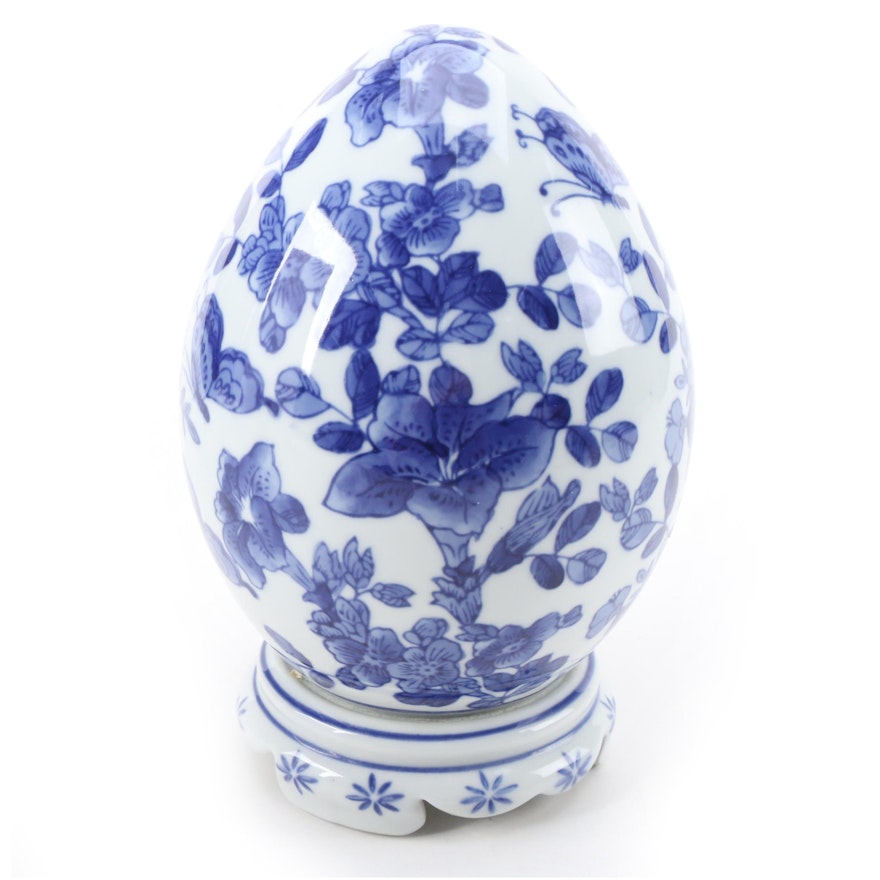 Chinese Hand-Painted Blue and White Porcelain Egg
