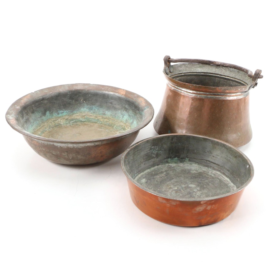 Patinated Copper Clad Bowls and Cauldron, 19th Century