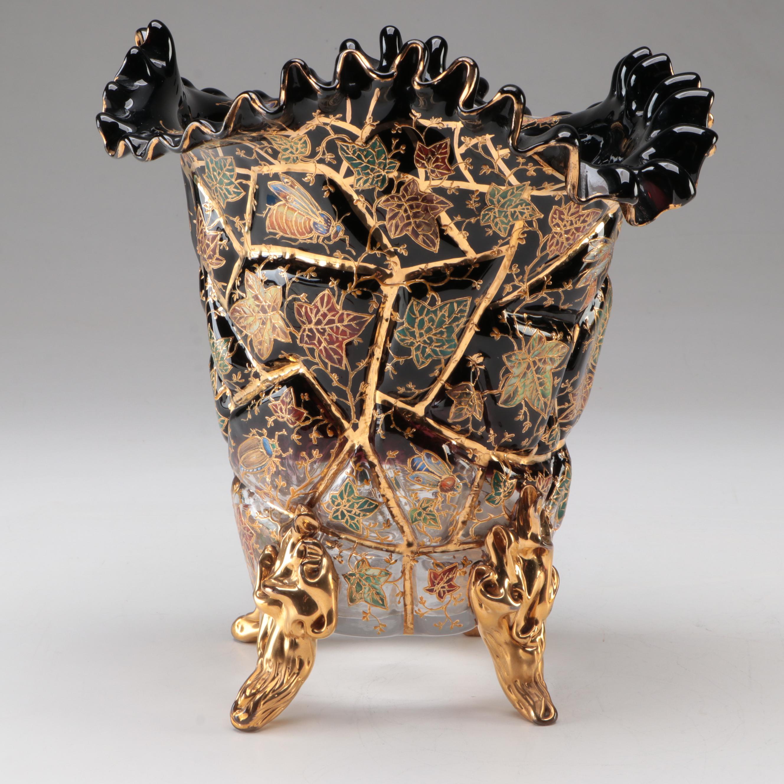 Moser Glass Vase with Enameled Insects and Leaves, Late 19th/Early 20th Century